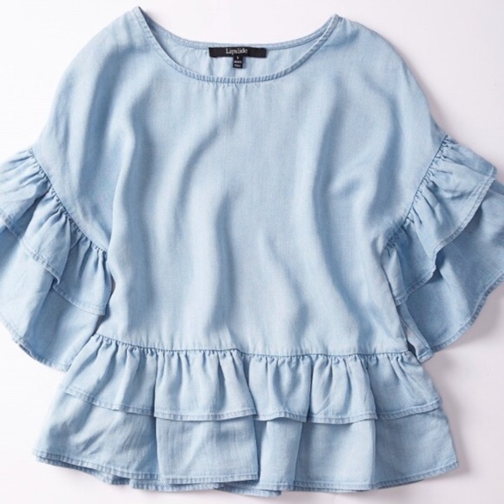 LIPSLIDE boxy ruffle chambray sleeve top small